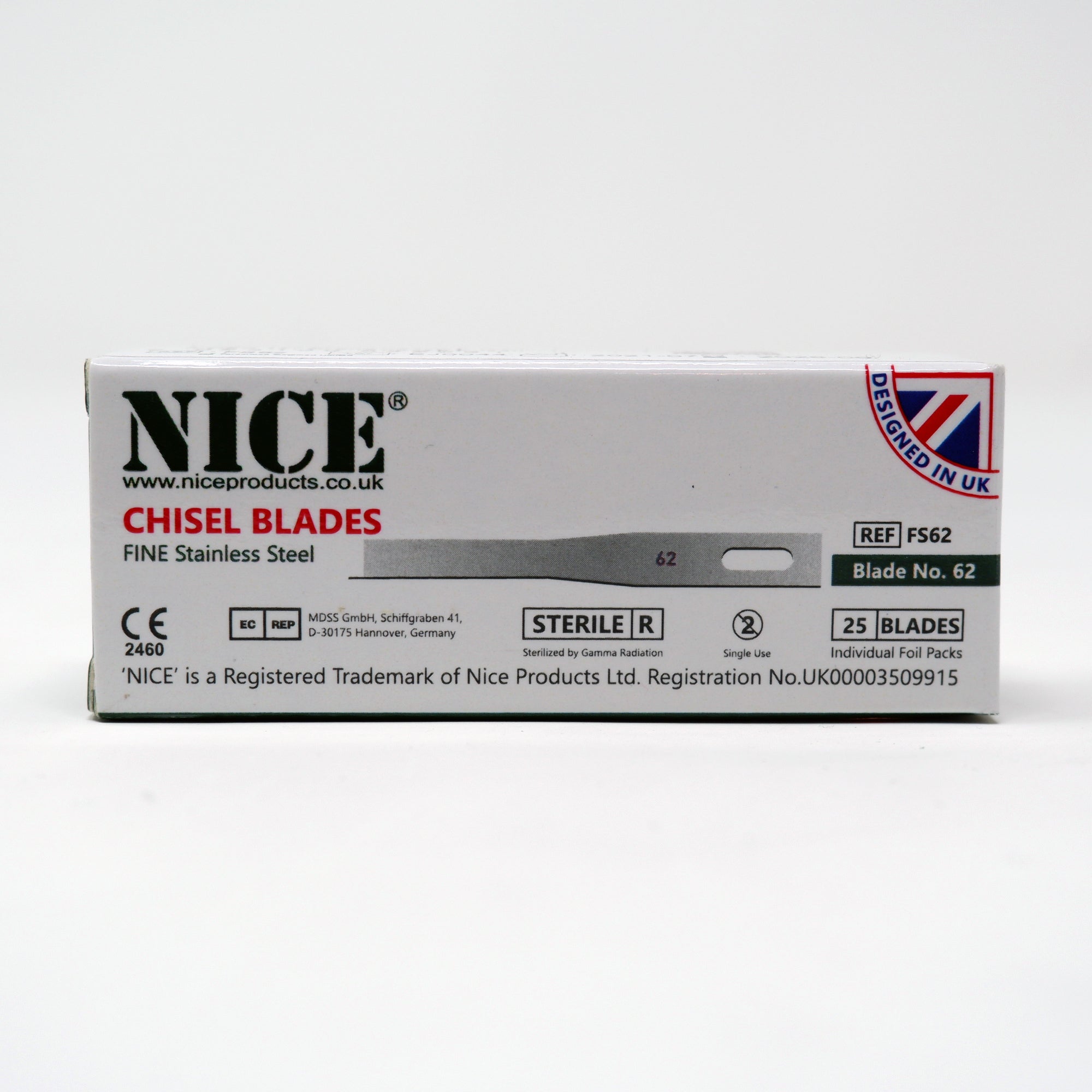 NICE® FS62 FINE Sterile Stainless Steel Chisel Blades (Box