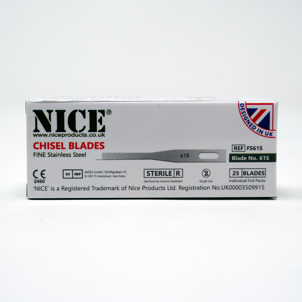 NICE® FS61S FINE Sterile Stainless Steel Chisel Blades (Box of 25)