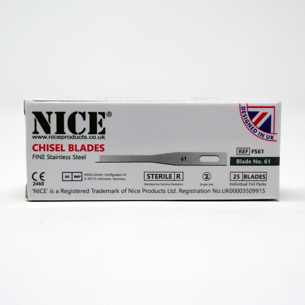 NICE® FS61 FINE Sterile Stainless Steel Chisel Blades (Box of 25)