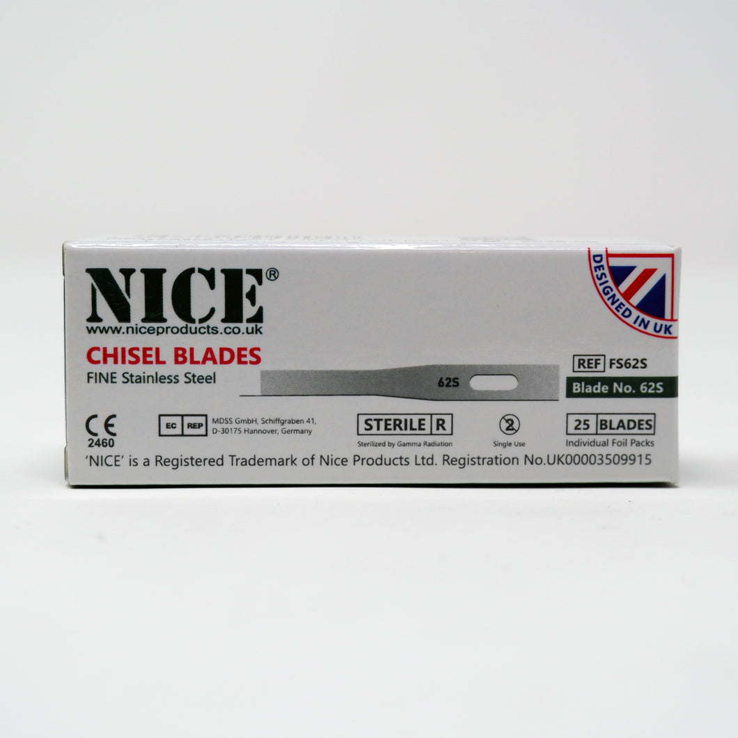 NICE® FS62S FINE Sterile Stainless Steel Chisel Blades (Box of 25)