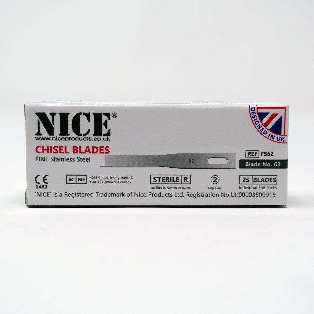 NICE® FS62 FINE Sterile Stainless Steel Chisel Blades (Box of 25)