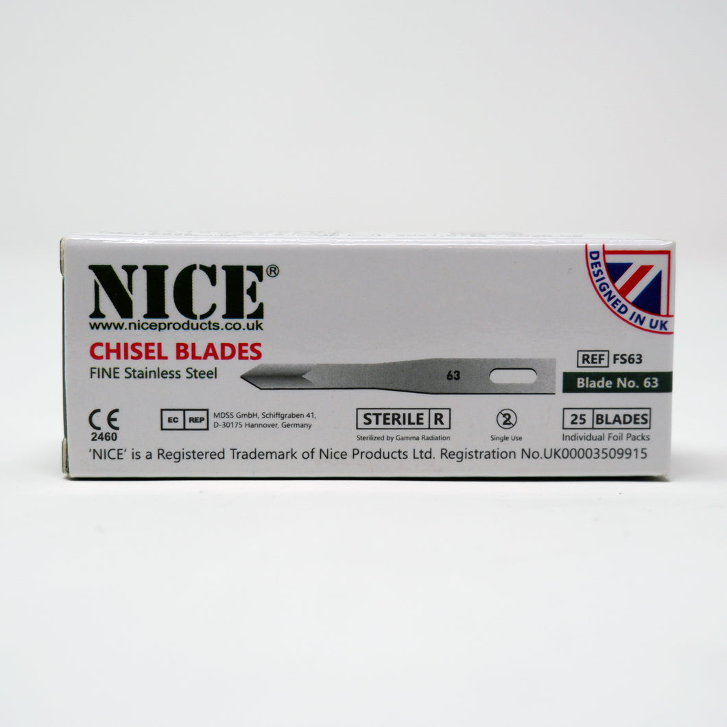 NICE® FS63 FINE Sterile Stainless Steel Chisel Blades (Box of 25)