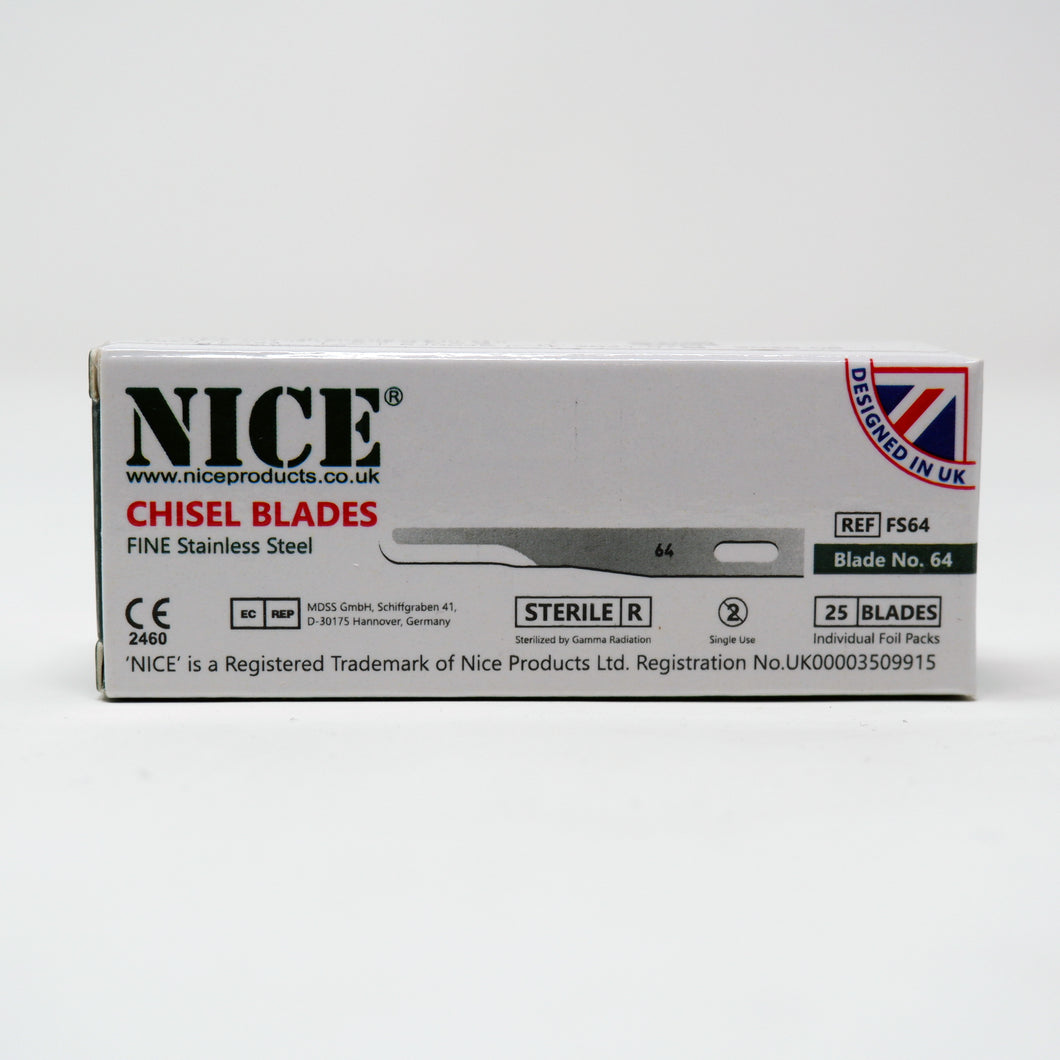 NICE® FS64 FINE Sterile Stainless Steel Chisel Blades (Box of 25)