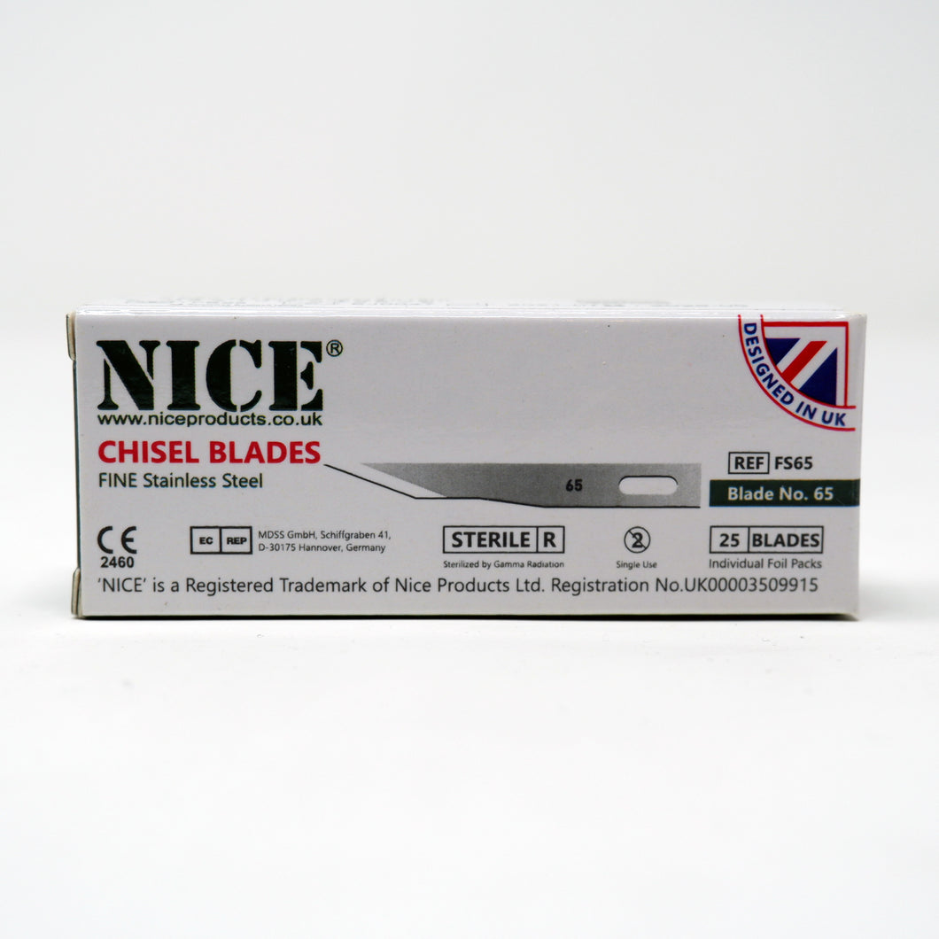 NICE® FS65 FINE Sterile Stainless Steel Chisel Blades (Box of 25)