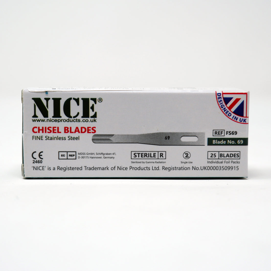 NICE® FS69 FINE Sterile Stainless Steel Chisel Blades (Box of 25)