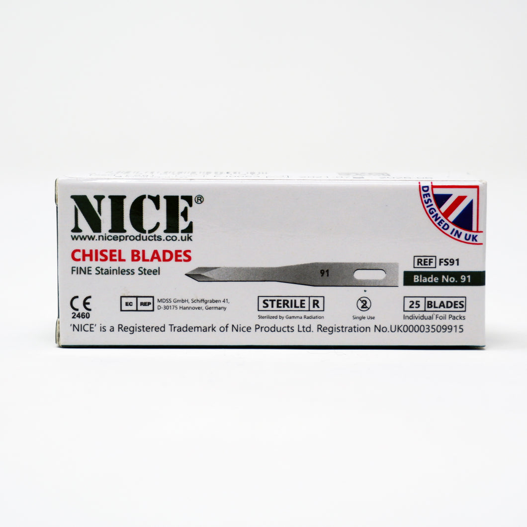 NICE® FS91 FINE Sterile Stainless Steel Chisel Blades (Box of 25)