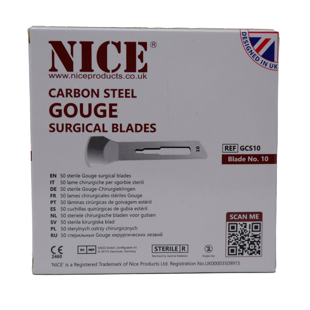 NICE® No.10 Gouge Sterile Carbon Steel Blades GCS10 (Box of 50)