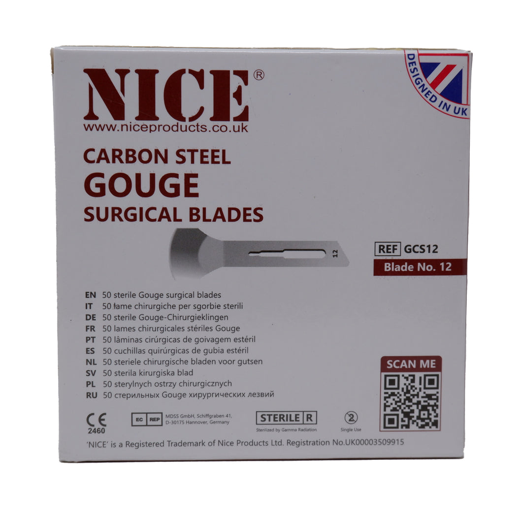 NICE® No.12 Gouge Sterile Carbon Steel Blades GCS12 (Box of 50)