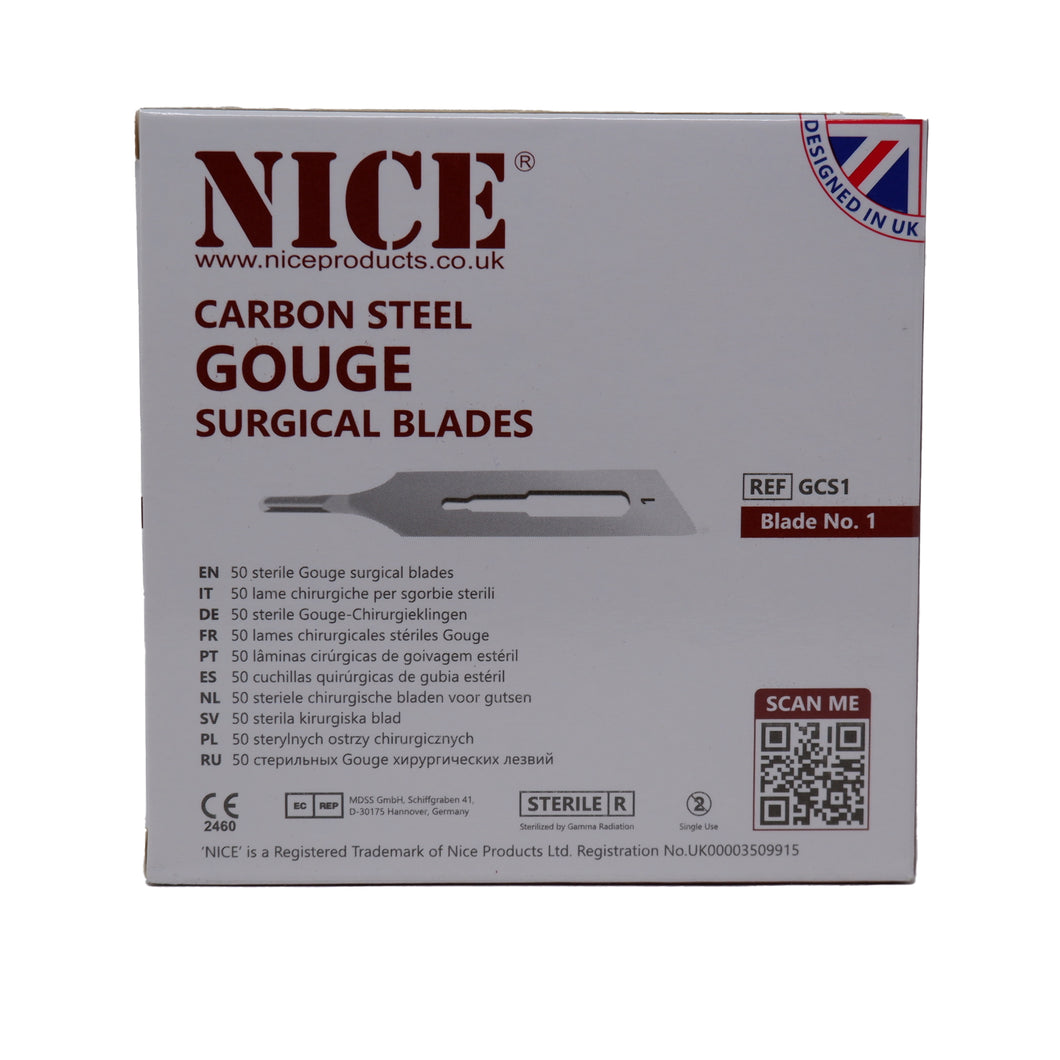 NICE® No.1 Gouge Sterile Carbon Steel Blades GCS1 (Box of 50)