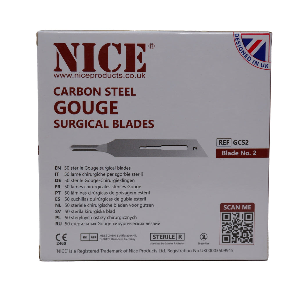 NICE® No.2 Gouge Sterile Carbon Steel Blades GCS2 (Box of 50)