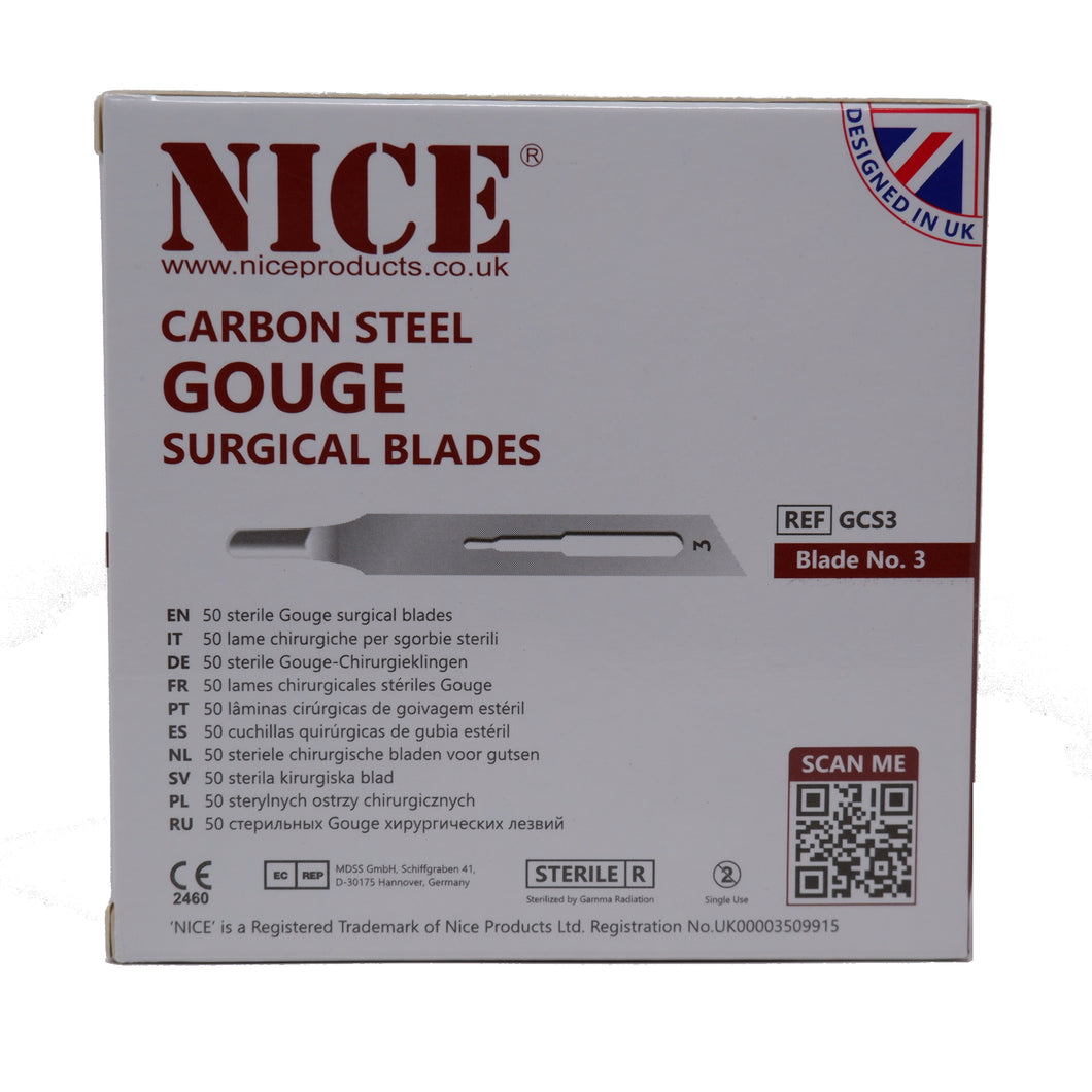 NICE® No.3 Gouge Sterile Carbon Steel Blades GCS3 (Box of 50)