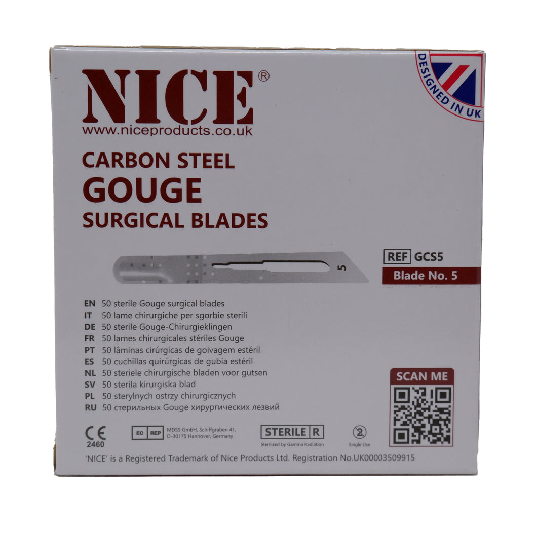 NICE® No.5 Gouge Sterile Carbon Steel Blades GCS5 (Box of 50)