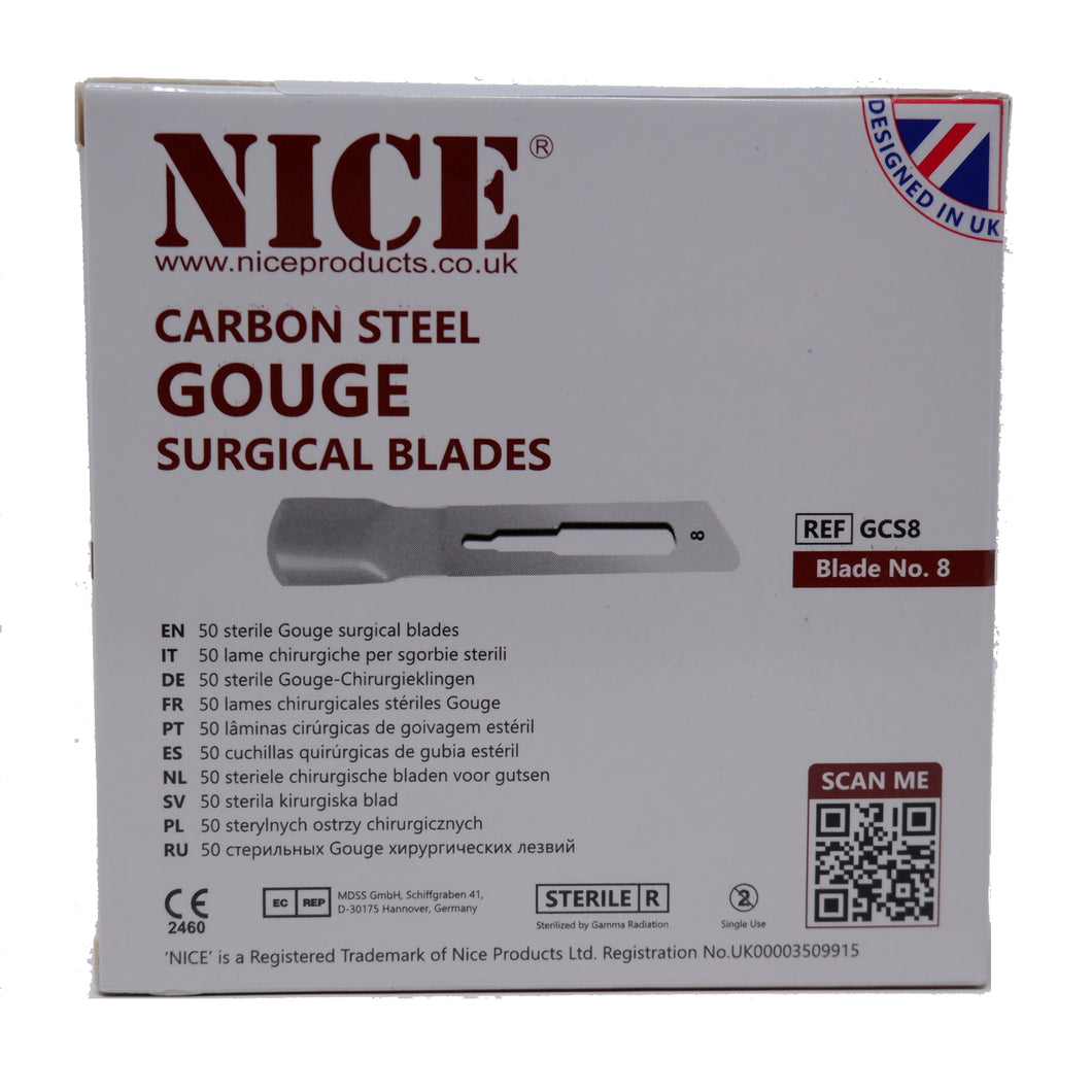 NICE® No.8 Gouge Sterile Carbon Steel Blades GCS8 (Box of 50)