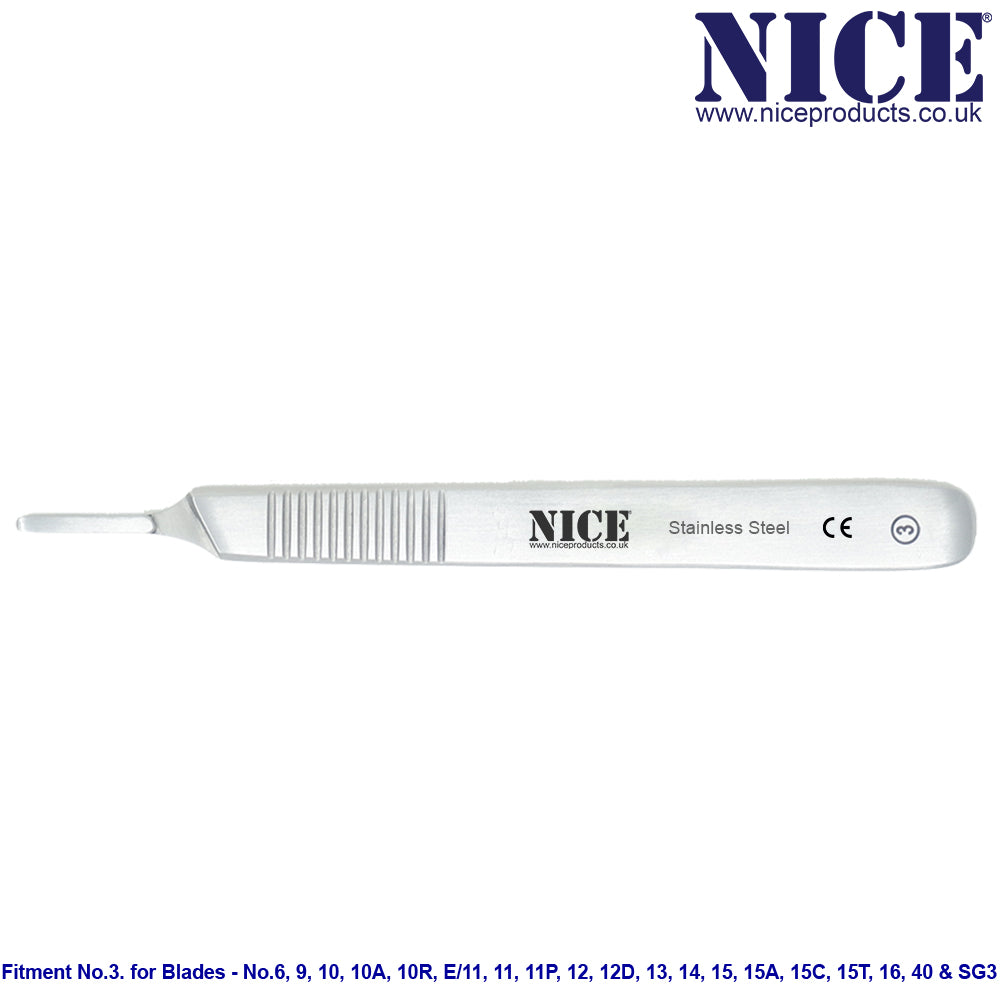 NICE® No 3 Graduated Stainless Steel Surgical Handles SH03 (Single Pack) for Blades - No.6, 9, 10, 10A, 10R, E/11, 11, 11P, 12, 12D, 13, 14, 15, 15A, 15C, 15T, 16, 40 and SG3